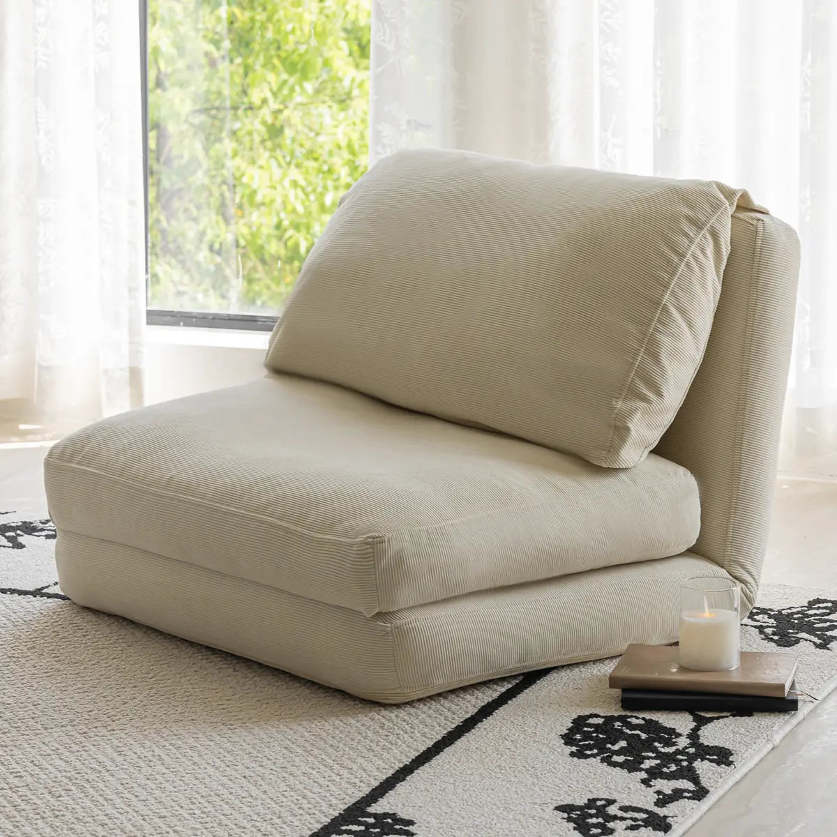 Beige Corduroy Cushion Back Reclining Convertible Chair Image - 3