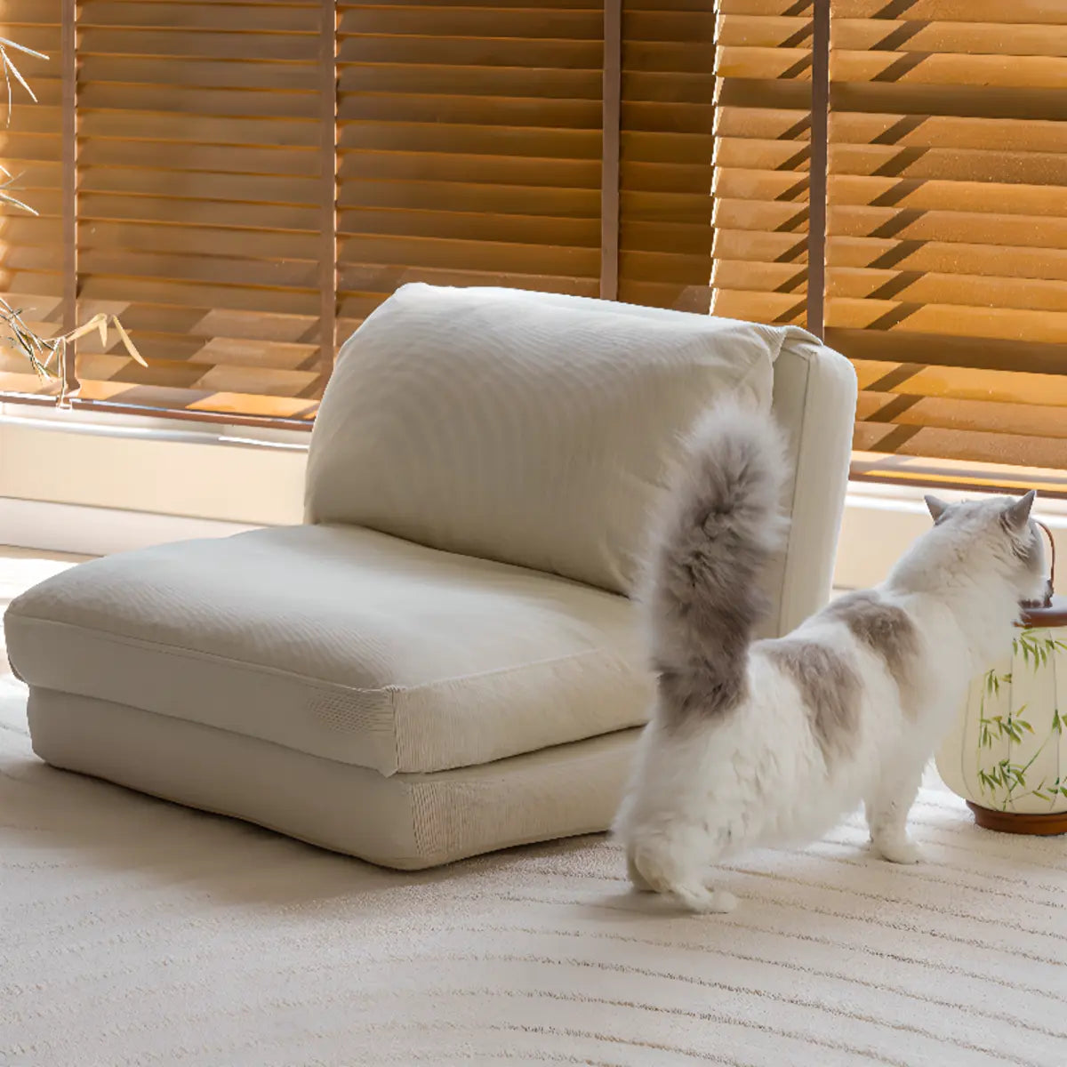 Beige Corduroy Cushion Back Reclining Convertible Chair Image - 4