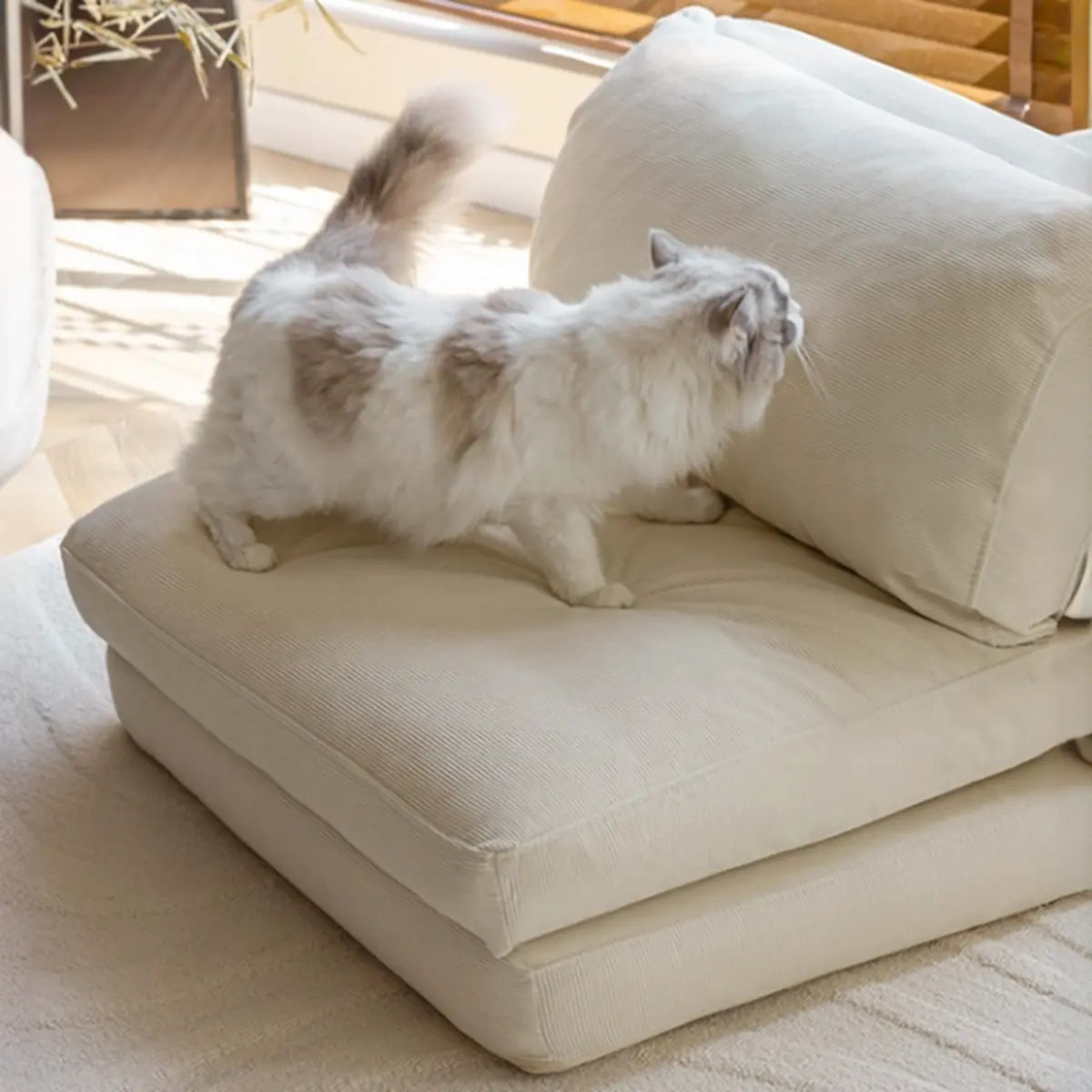 Beige Corduroy Cushion Back Reclining Convertible Chair Image - 9