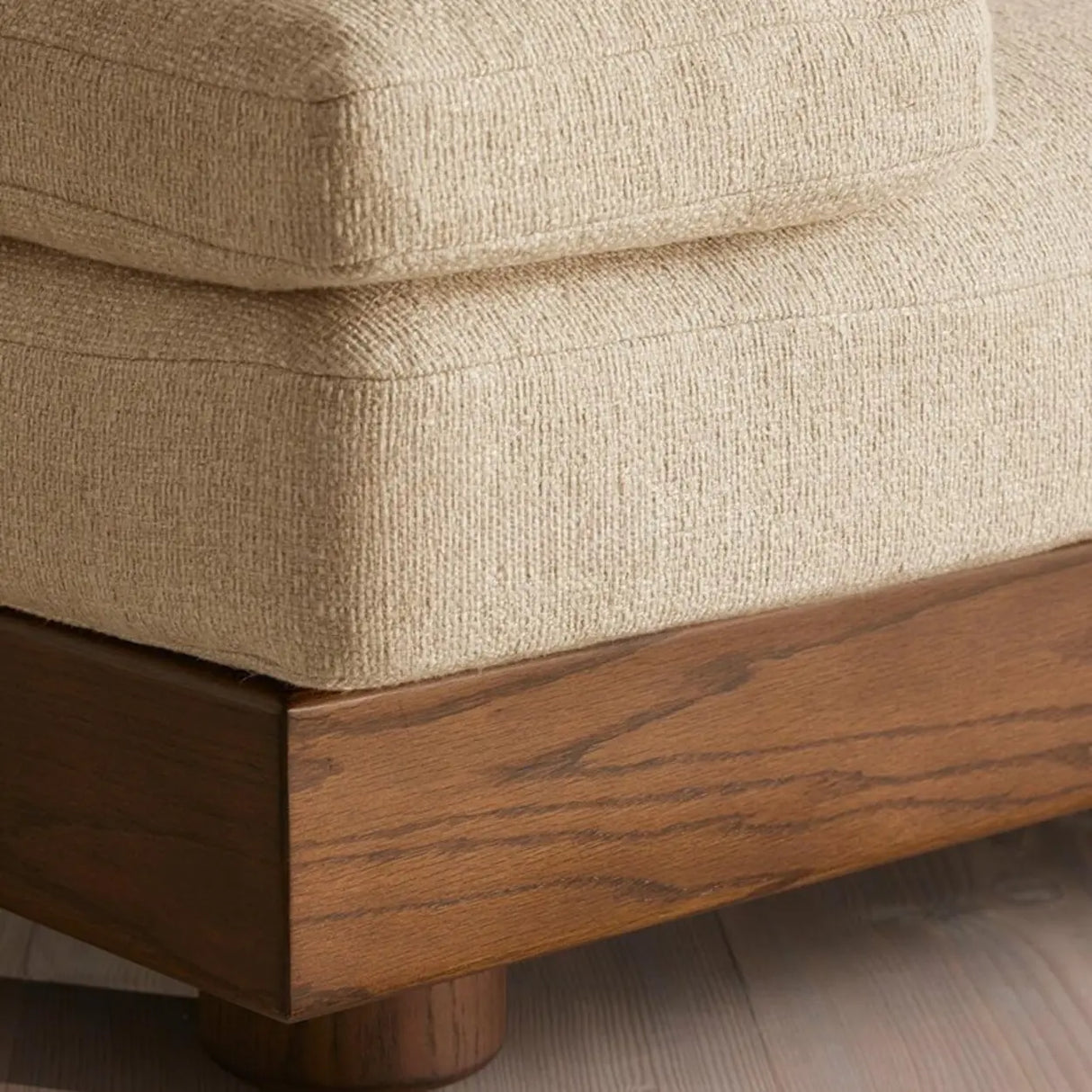 Beige Cotton Linen Pillow Back Brown Wood Frame Sofa Image - 10