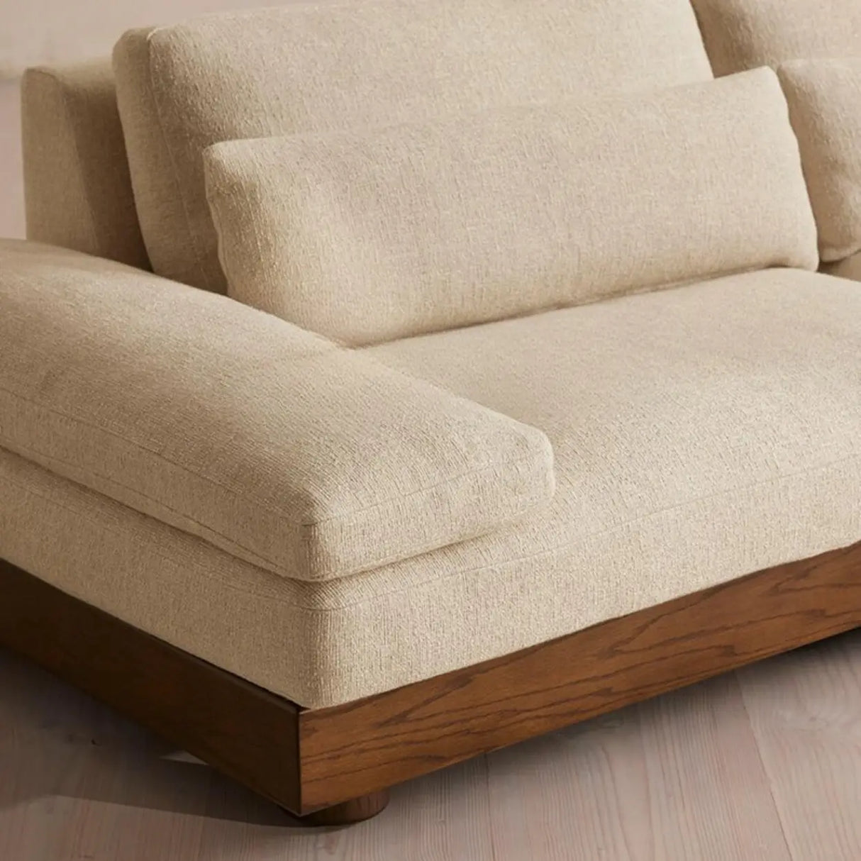 Beige Cotton Linen Pillow Back Brown Wood Frame Sofa Image - 11