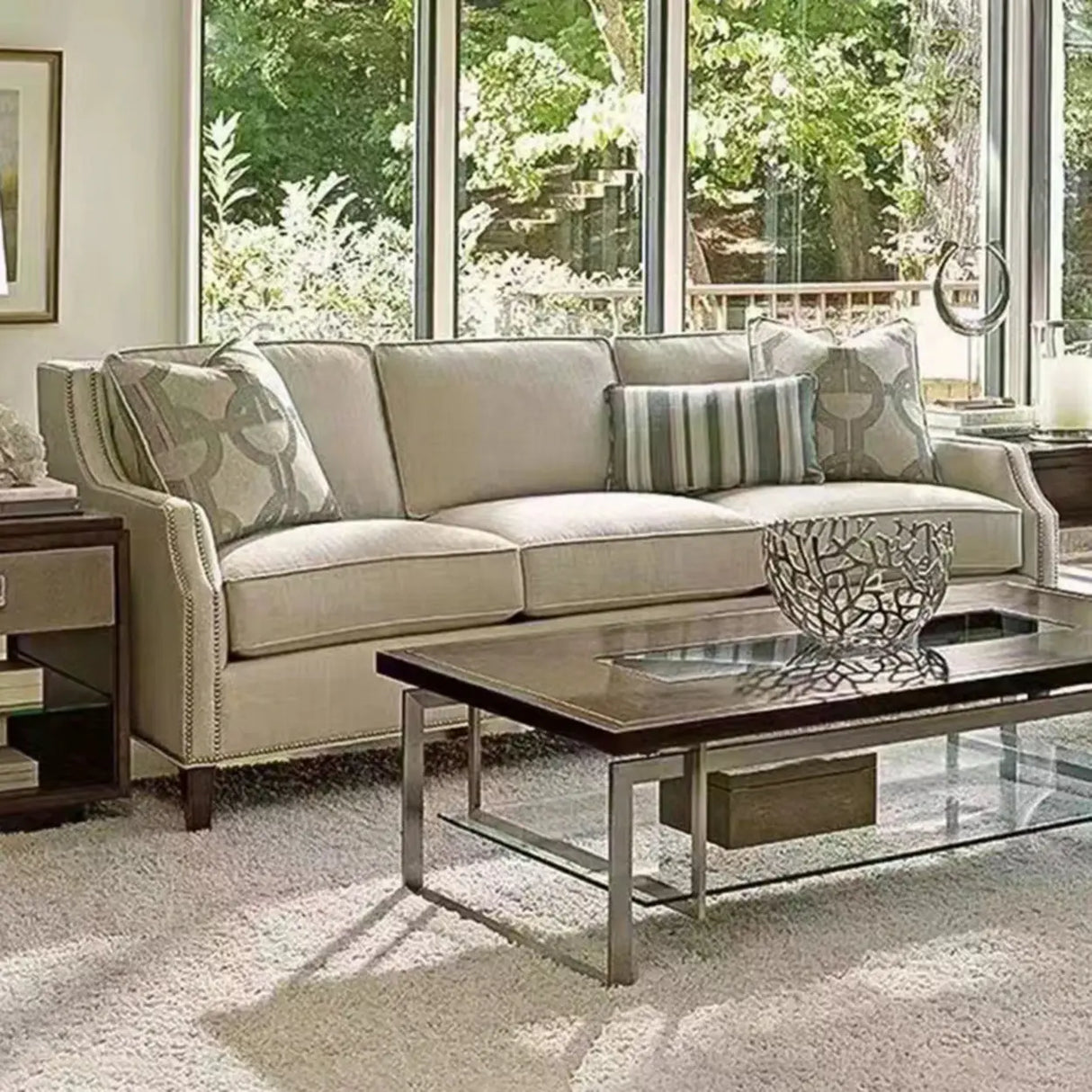 Beige Cotton Linen Sloped Arms Sofa with Nailhead Trim Image - 1