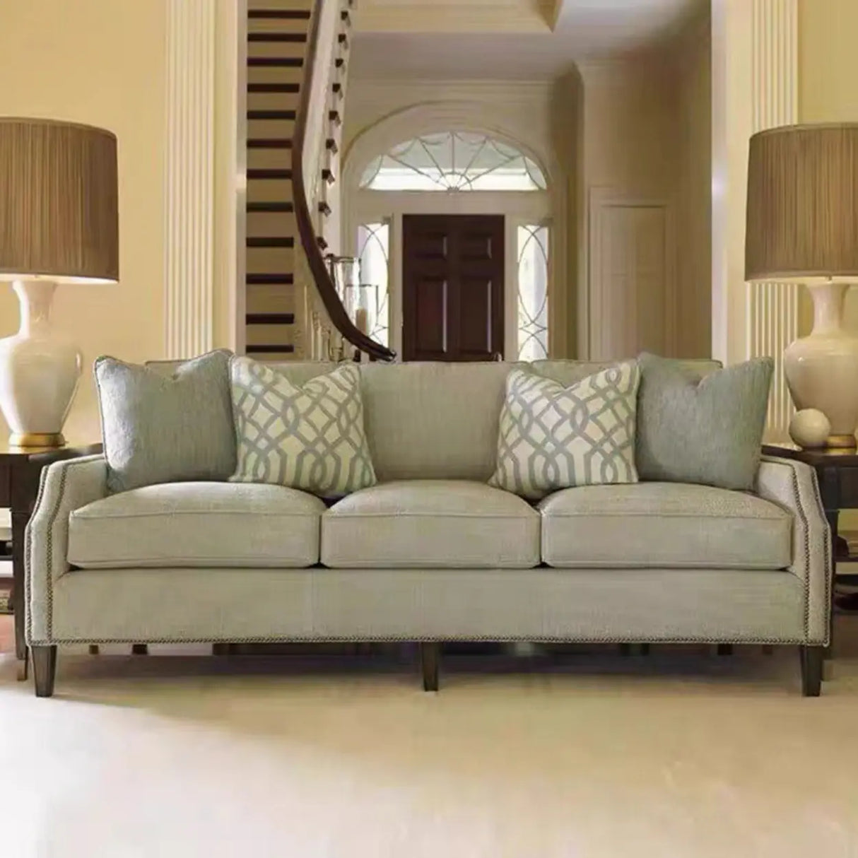 Beige Cotton Linen Sloped Arms Sofa with Nailhead Trim Image - 2