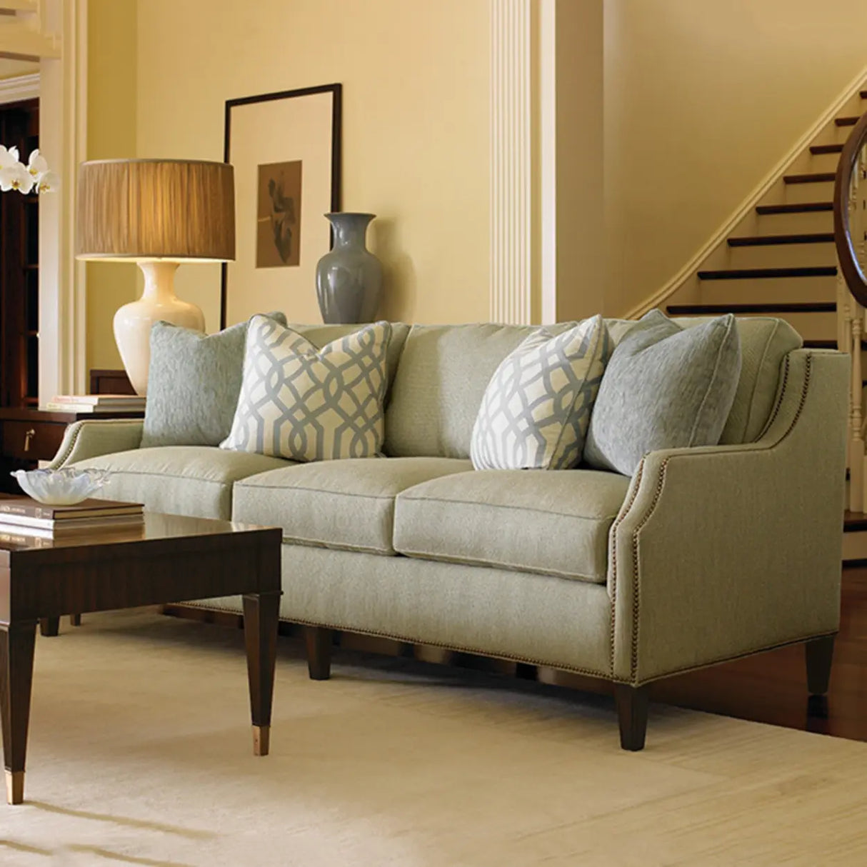 Beige Cotton Linen Sloped Arms Sofa with Nailhead Trim Image - 3