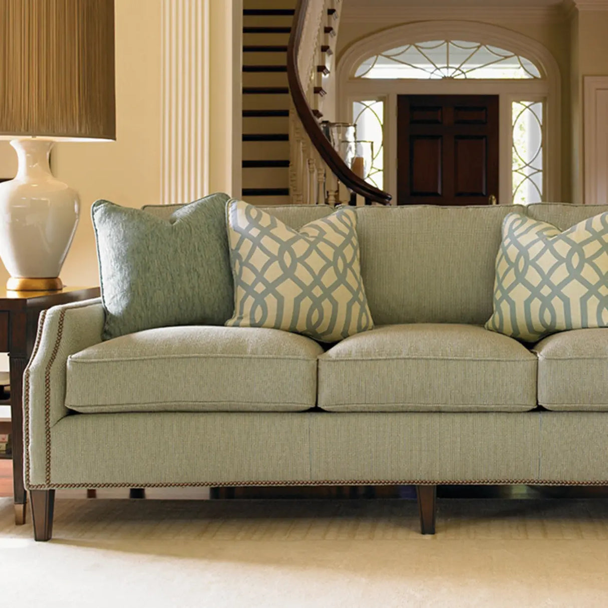 Beige Cotton Linen Sloped Arms Sofa with Nailhead Trim Image - 4