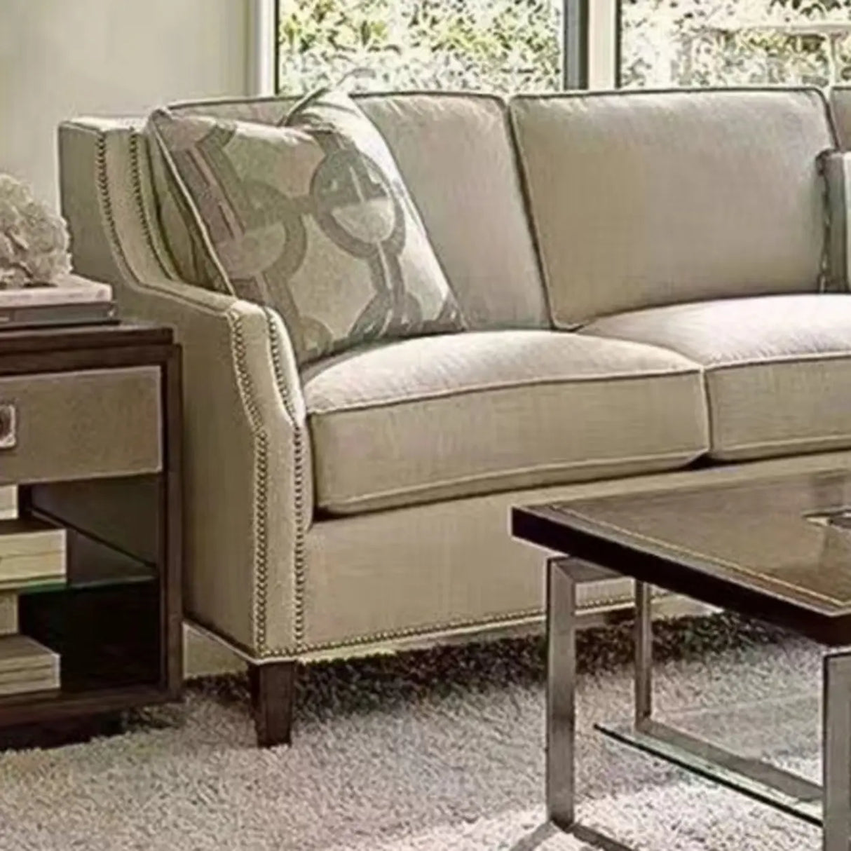 Beige Cotton Linen Sloped Arms Sofa with Nailhead Trim Image - 7