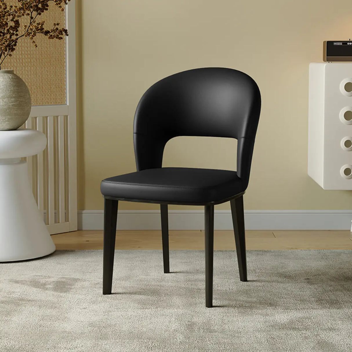Beige Curved Open Low Back Faux Leather Dining Chair Image - 9