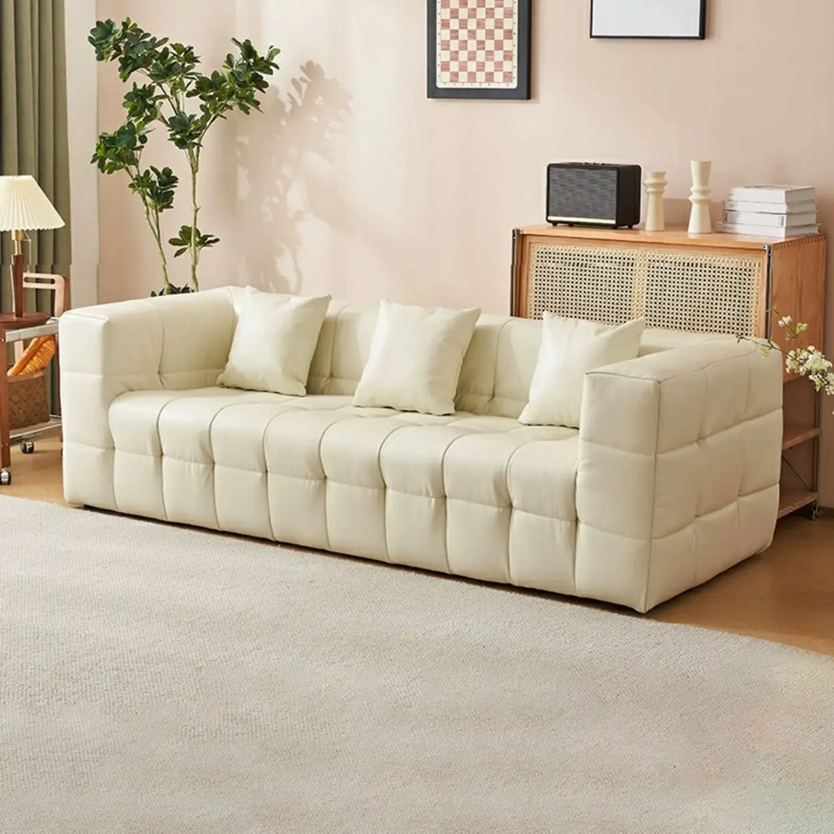 Beige Fabric Square Arm Pine Wood Frame Foam Fill Sofa Image - 11
