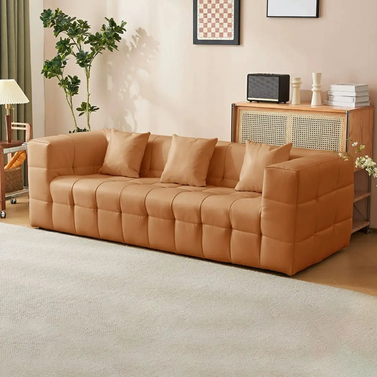 Beige Fabric Square Arm Pine Wood Frame Foam Fill Sofa Image - 14