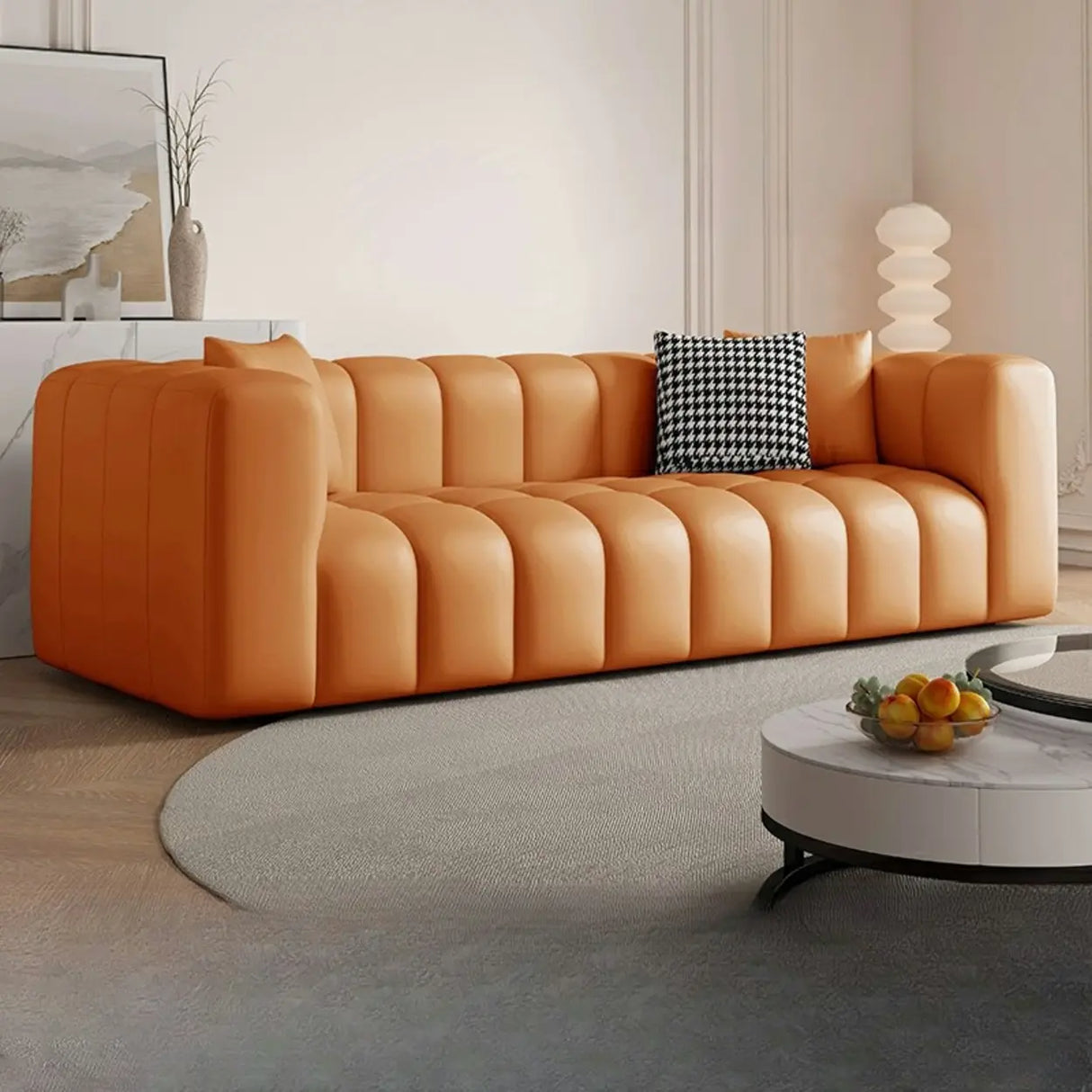 Beige Fabric Square Arm Pine Wood Frame Foam Fill Sofa Image - 24