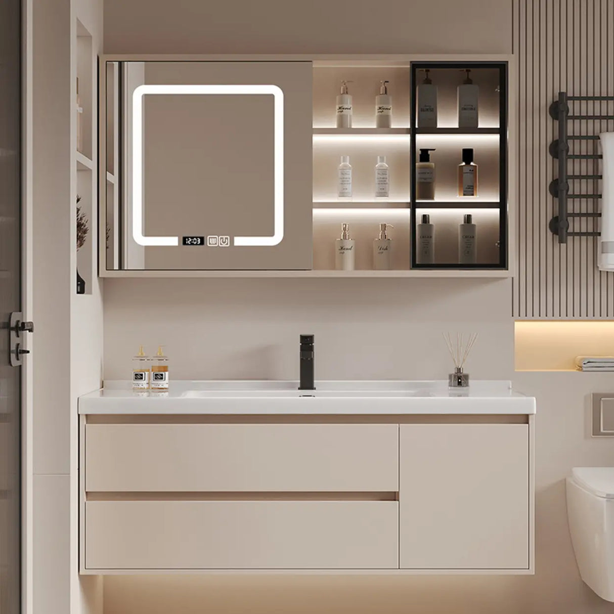 Beige Faucets and Sink LED Bathroom Vanity Set with Shelves Image - 1