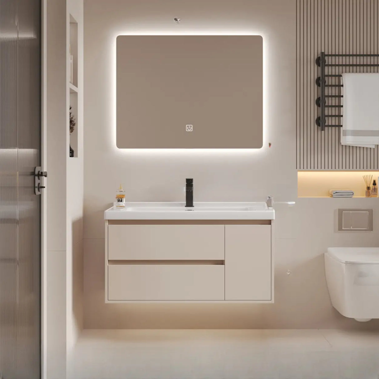 Beige Faucets and Sink LED Bathroom Vanity Set with Shelves Image - 3