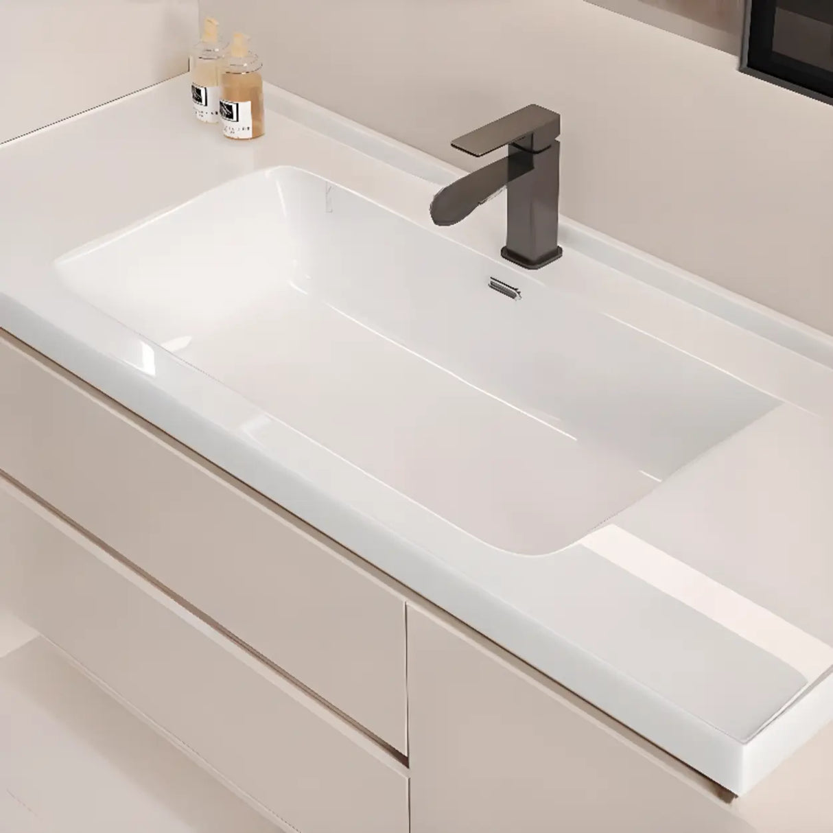 Beige Faucets and Sink LED Bathroom Vanity Set with Shelves Image - 4