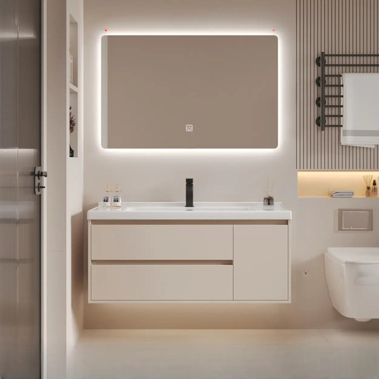 Beige Faucets and Sink LED Bathroom Vanity Set with Shelves Image - 5