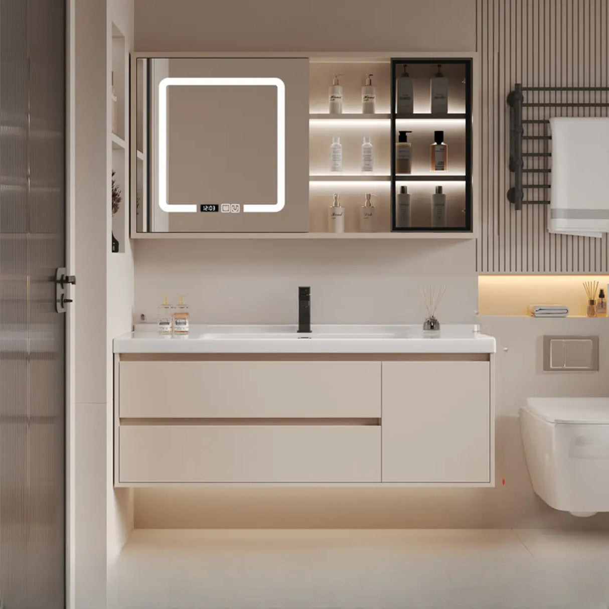 Beige Faucets and Sink LED Bathroom Vanity Set with Shelves Image - 7