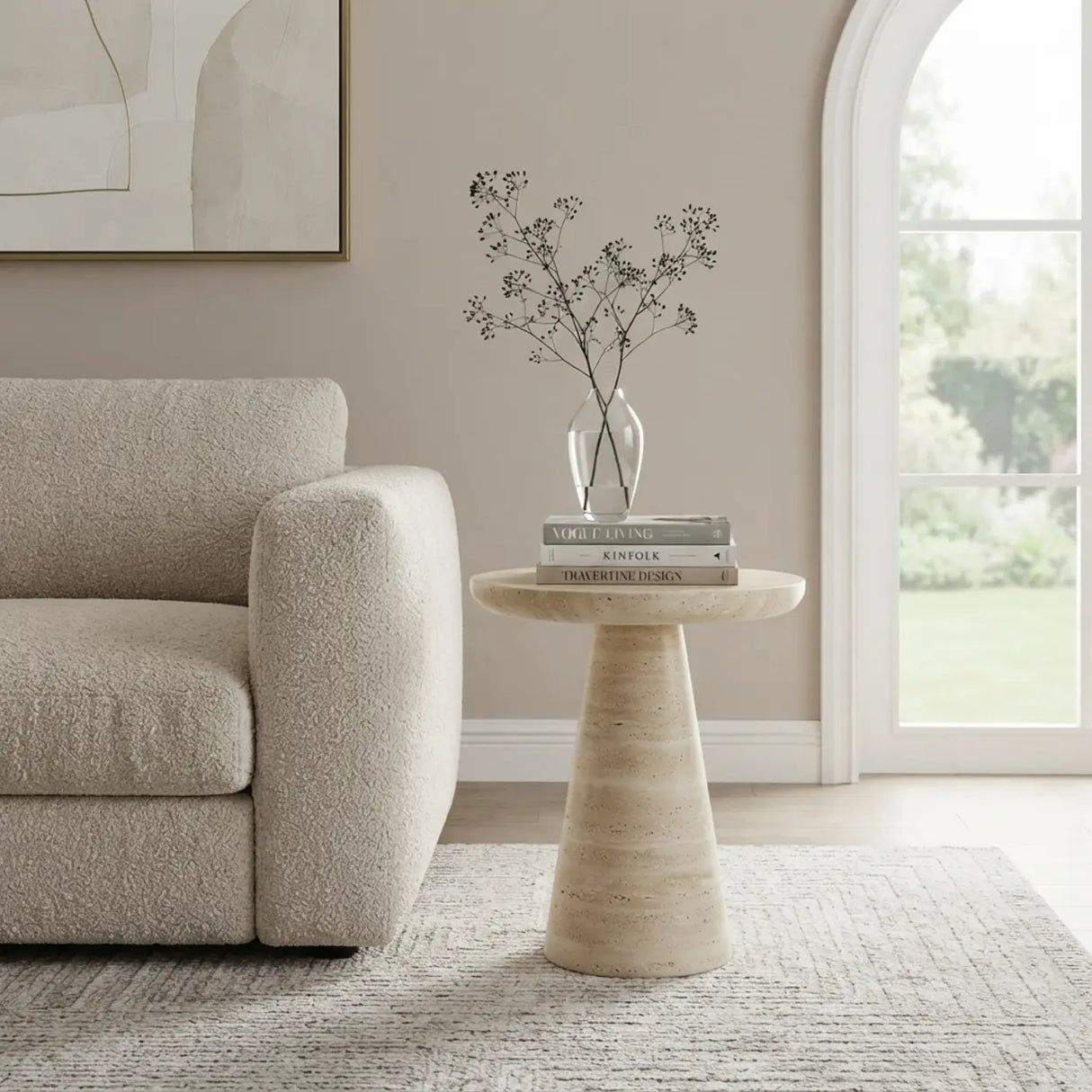 Beige Faux Travertine Stone Round Pedestal Side Table Image - 1