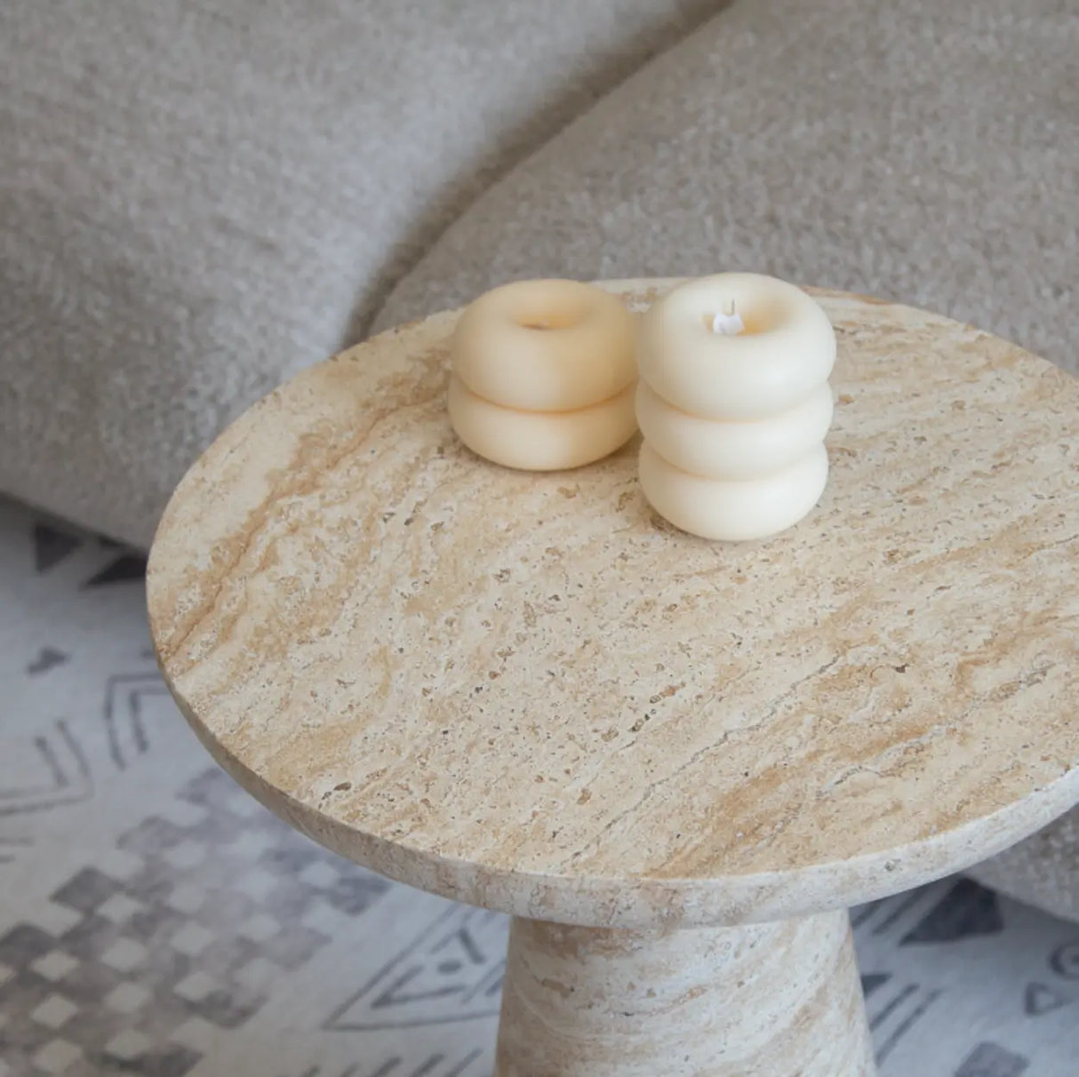 Beige Faux Travertine Stone Round Pedestal Side Table Image - 9
