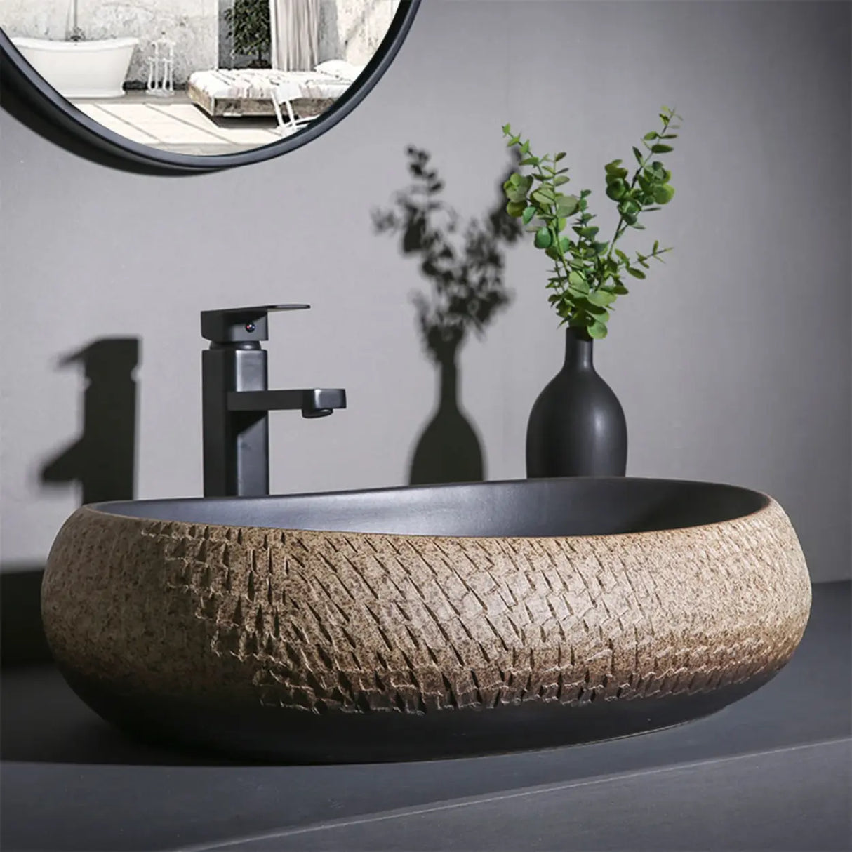 Beige Finish Hand Carved Oval Shape Ceramic Bowl Sinks Image - 1