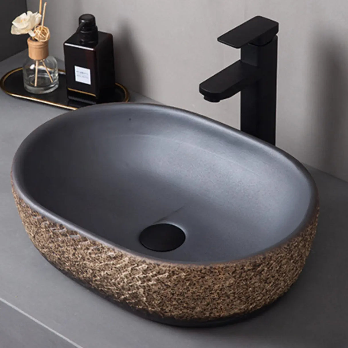 Beige Finish Hand Carved Oval Shape Ceramic Bowl Sinks Image - 16