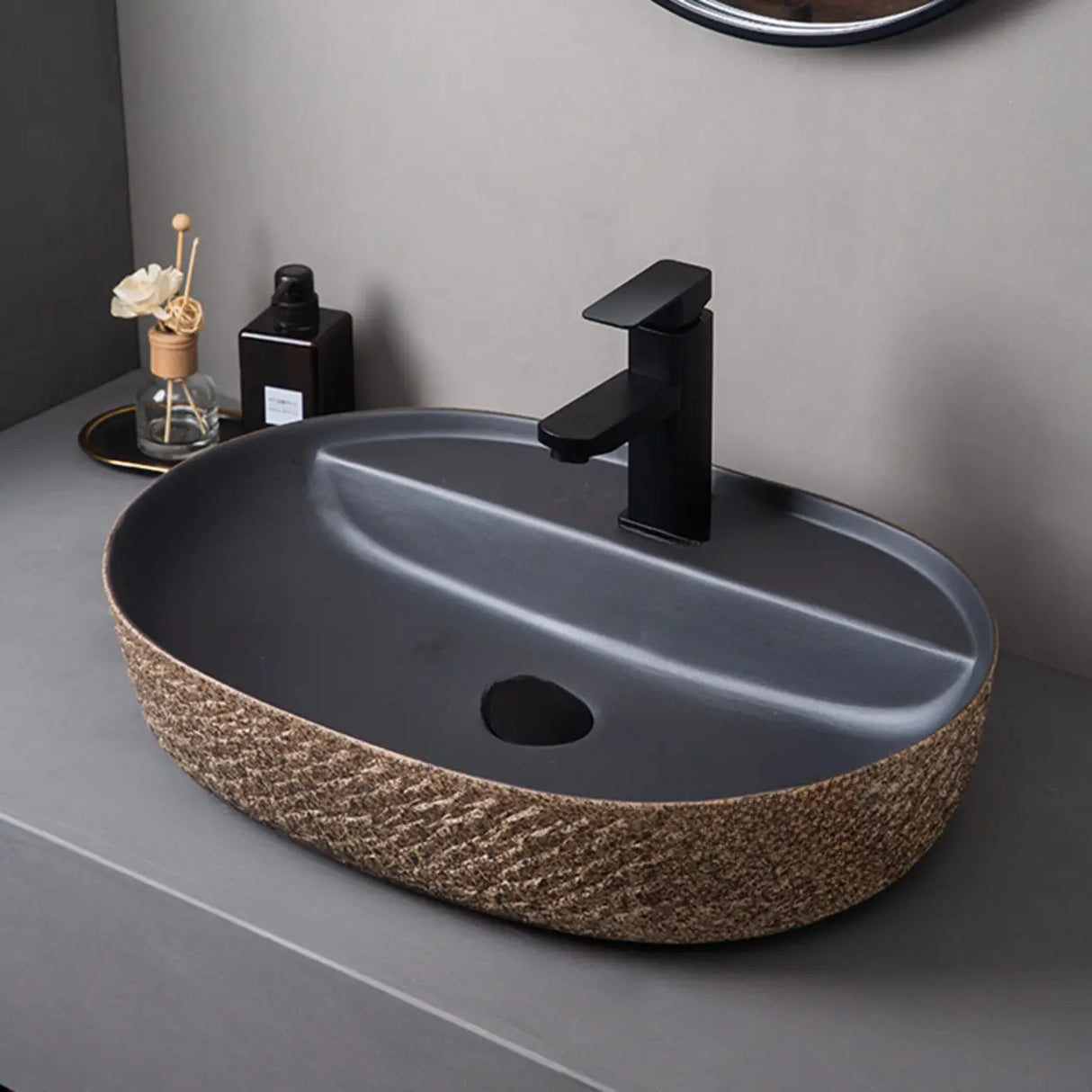 Beige Finish Hand Carved Oval Shape Ceramic Bowl Sinks Image - 17