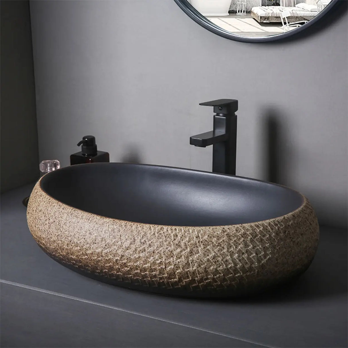 Beige Finish Hand Carved Oval Shape Ceramic Bowl Sinks Image - 2