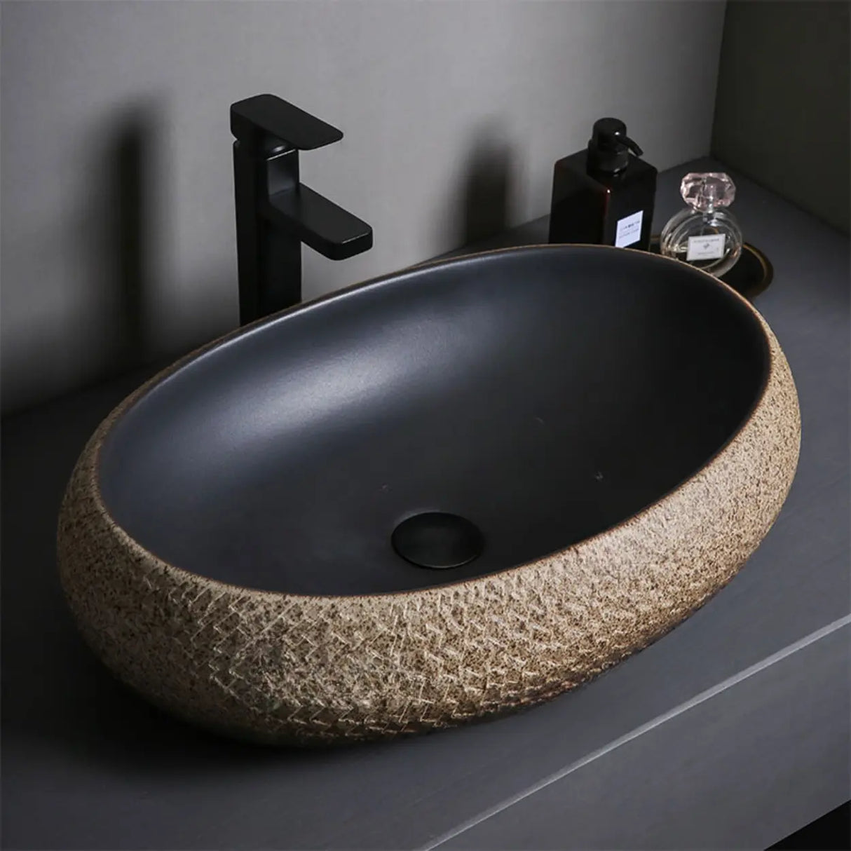 Beige Finish Hand Carved Oval Shape Ceramic Bowl Sinks Image - 3