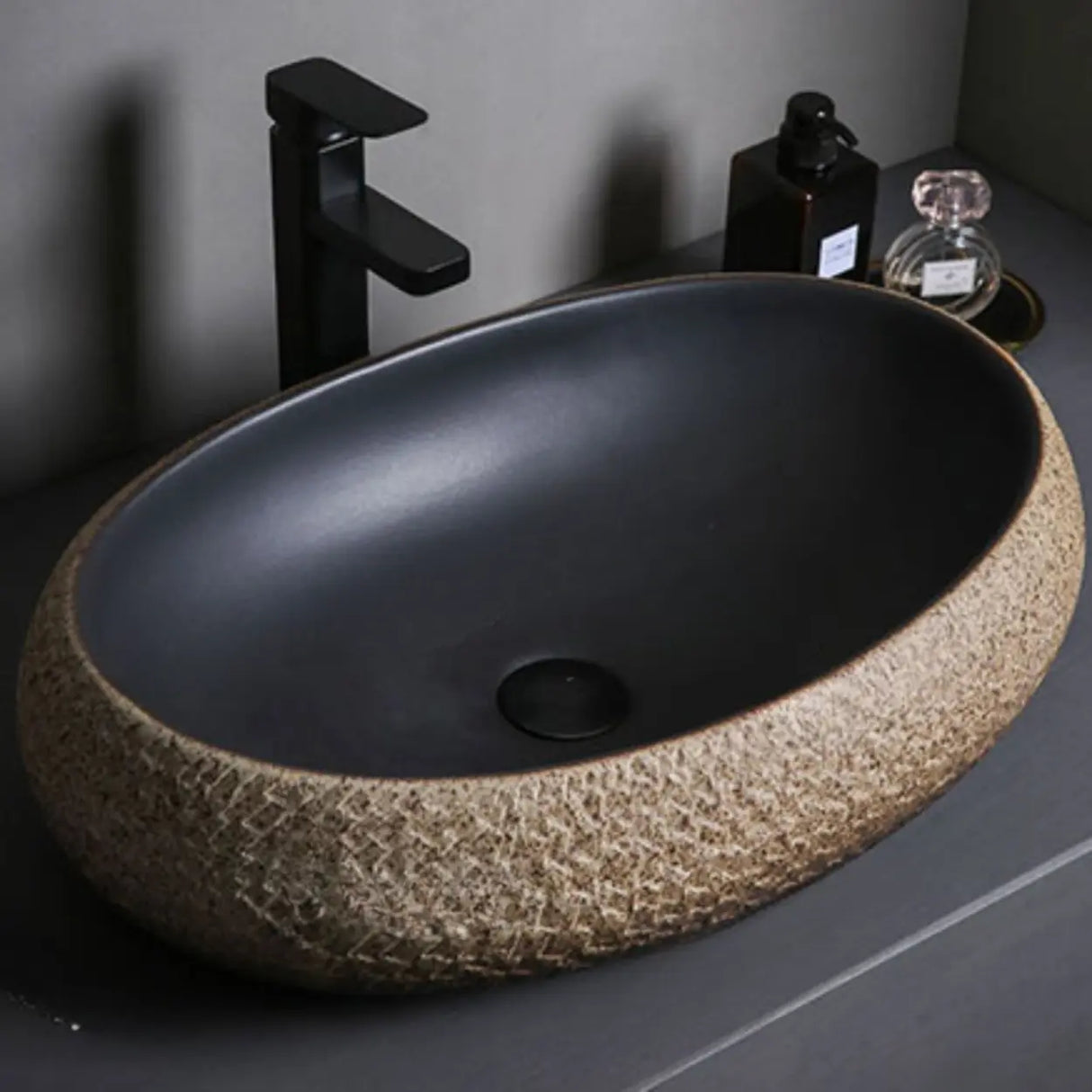 Beige Finish Hand Carved Oval Shape Ceramic Bowl Sinks Image - 4