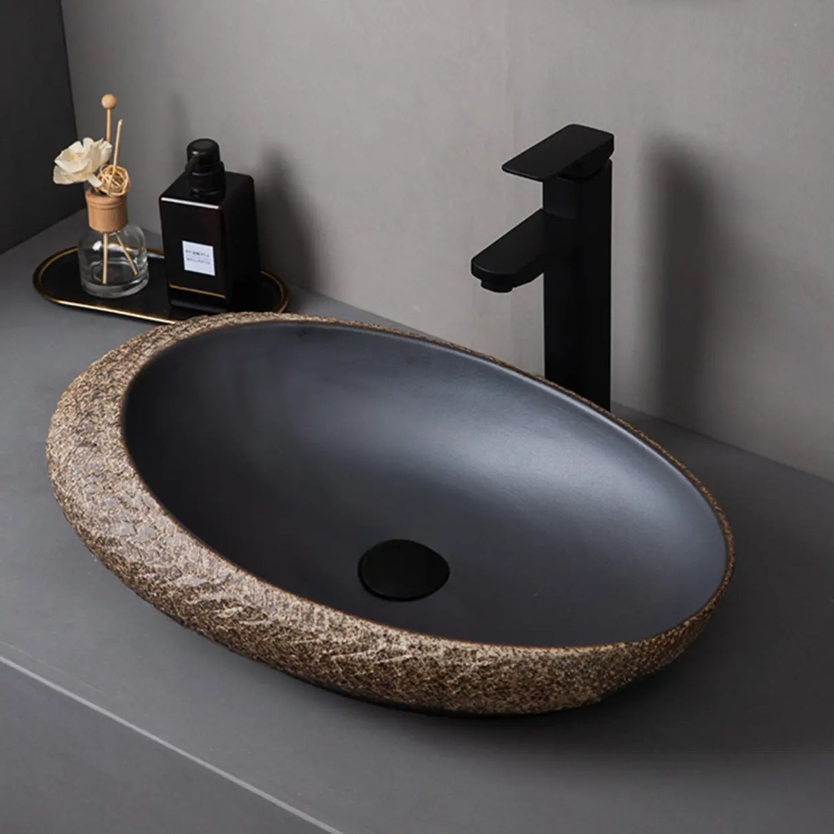 Beige Finish Hand Carved Oval Shape Ceramic Bowl Sinks Image - 5