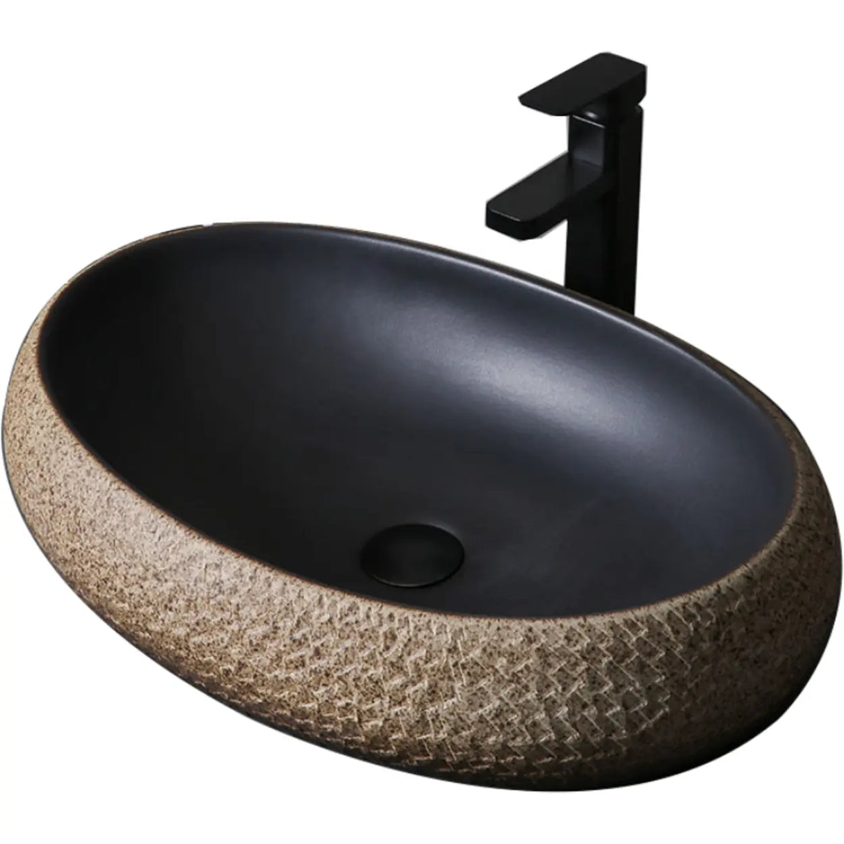 Beige Finish Hand Carved Oval Shape Ceramic Bowl Sinks Image - 6
