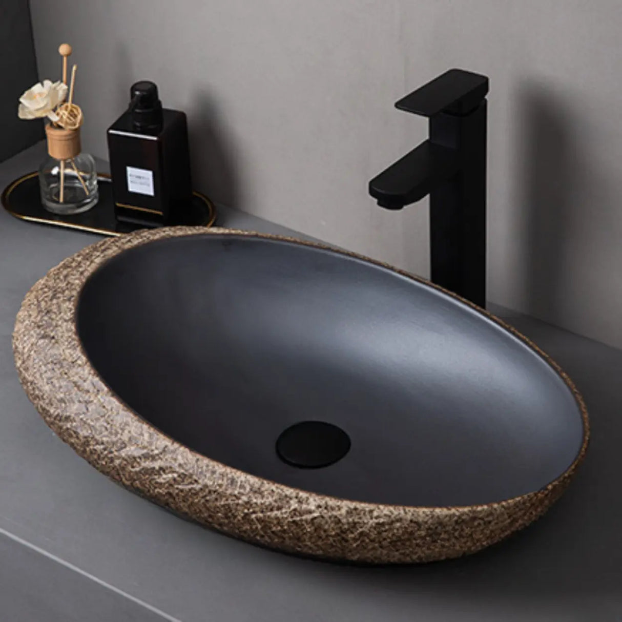 Beige Finish Hand Carved Oval Shape Ceramic Bowl Sinks Image - 8