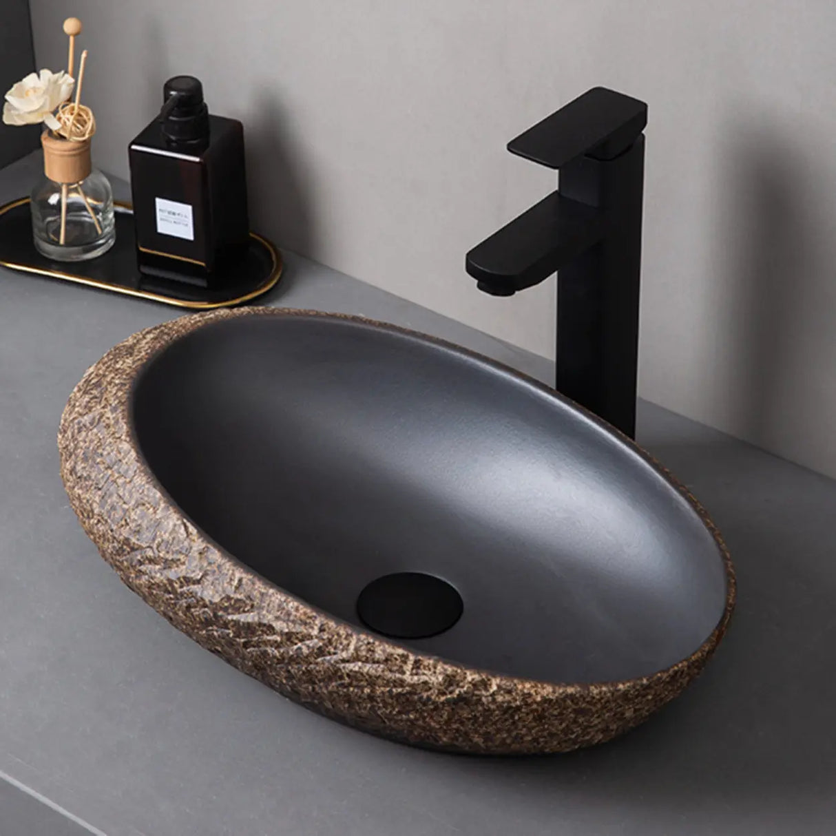 Beige Finish Hand Carved Oval Shape Ceramic Bowl Sinks Image - 9