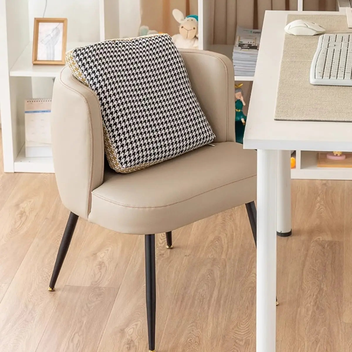 Beige Fixed Back Wood Four Legs Arm Chair with Pillow Image - 1