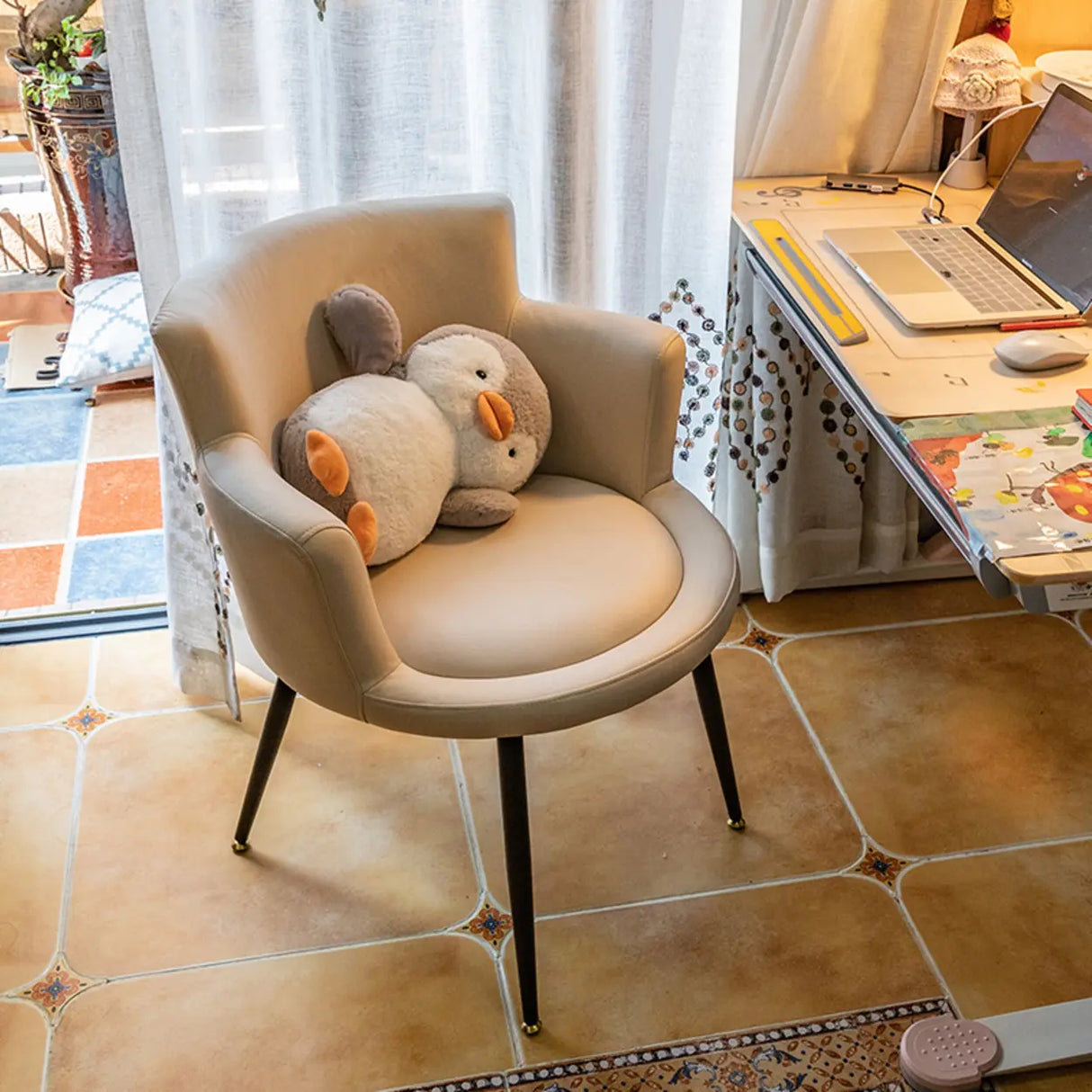 Beige Fixed Back Wood Four Legs Arm Chair with Pillow Image - 2