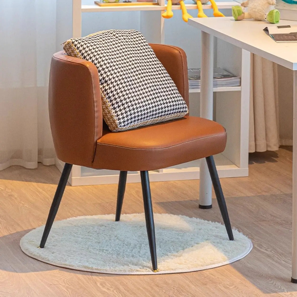 Beige Fixed Back Wood Four Legs Arm Chair with Pillow Image - 3