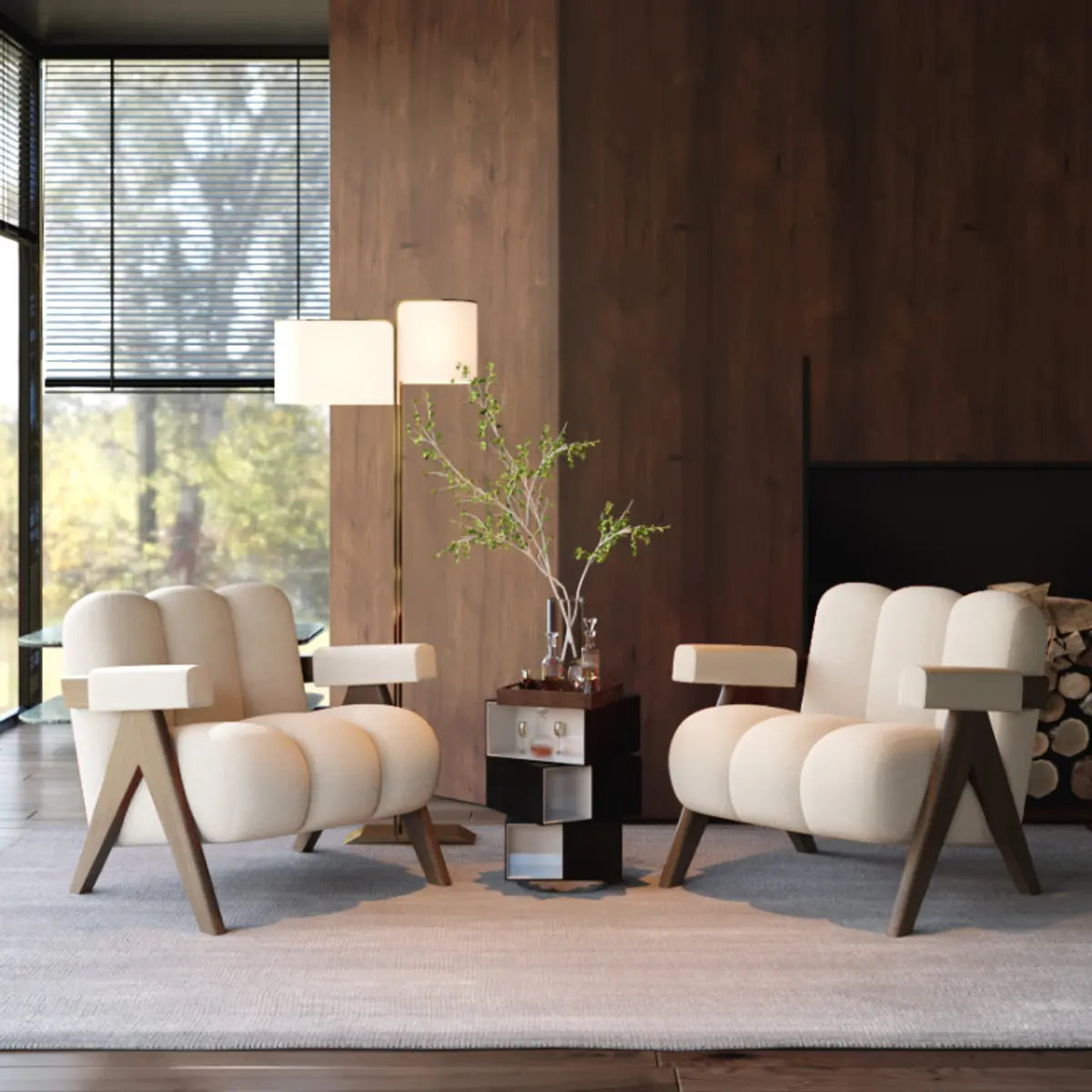 Beige Flannel Fixed Back Wooden Four Legs Arm Chair Image - 1