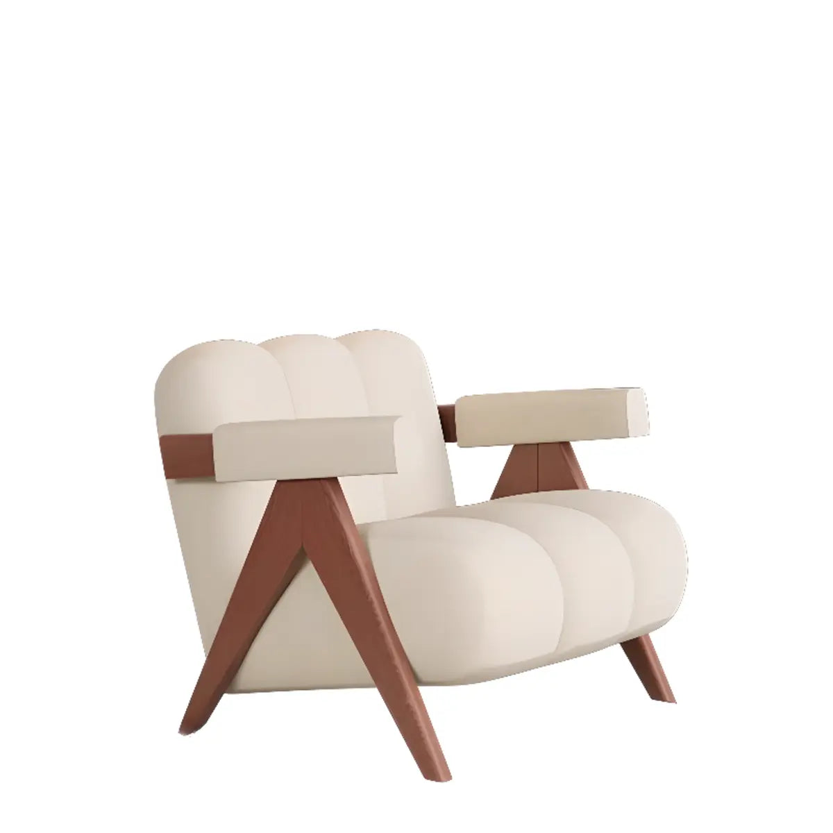 Beige Flannel Fixed Back Wooden Four Legs Arm Chair Image - 10