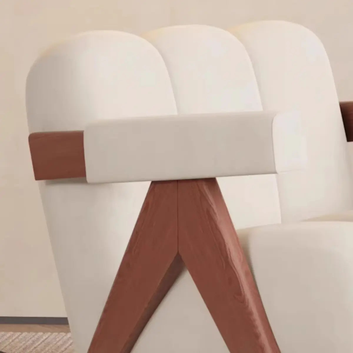 Beige Flannel Fixed Back Wooden Four Legs Arm Chair Image - 12