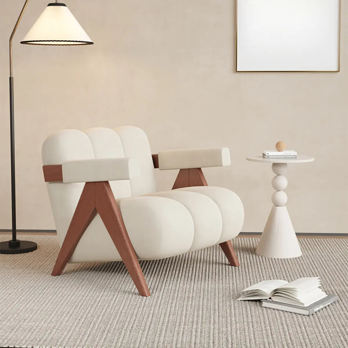 Beige Flannel Fixed Back Wooden Four Legs Arm Chair Image - 2