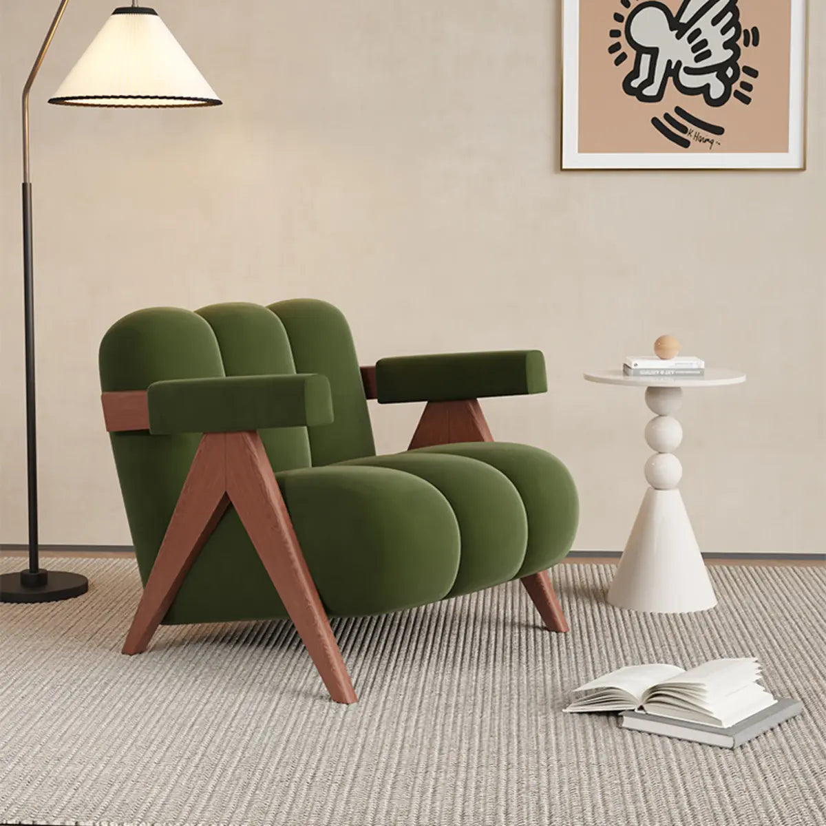 Beige Flannel Fixed Back Wooden Four Legs Arm Chair Image - 3