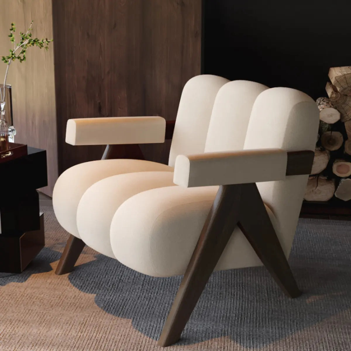 Beige Flannel Fixed Back Wooden Four Legs Arm Chair Image - 4