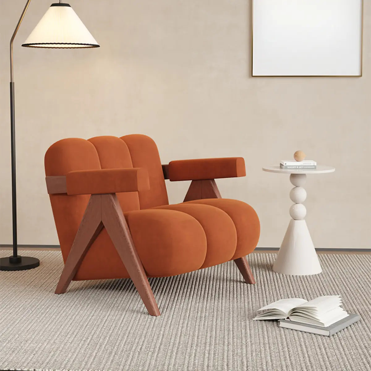 Beige Flannel Fixed Back Wooden Four Legs Arm Chair Image - 5