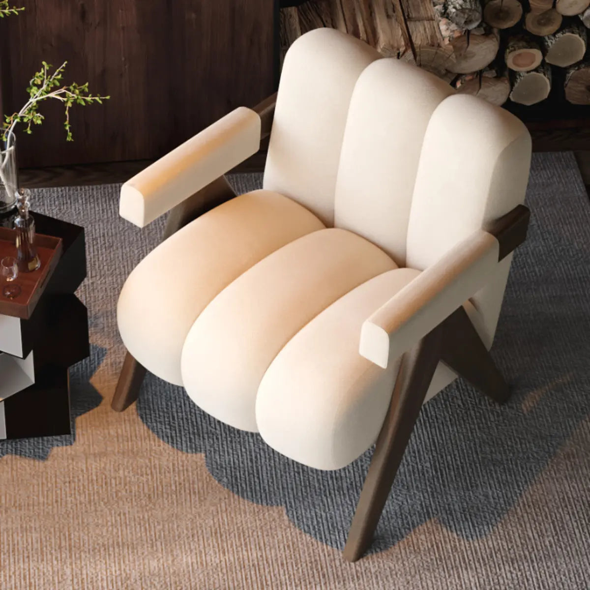 Beige Flannel Fixed Back Wooden Four Legs Arm Chair Image - 6