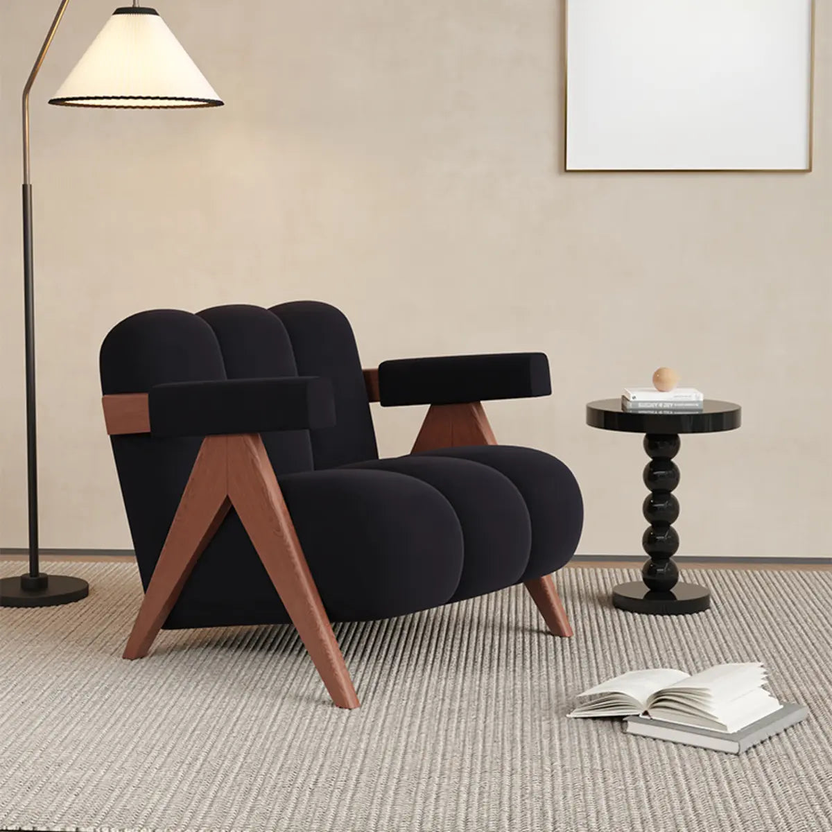 Beige Flannel Fixed Back Wooden Four Legs Arm Chair Image - 7