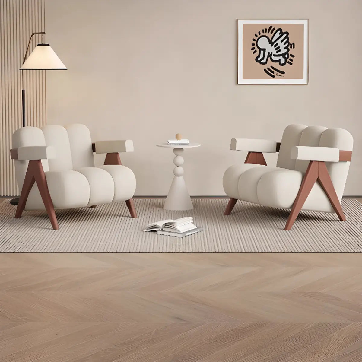 Beige Flannel Fixed Back Wooden Four Legs Arm Chair Image - 8