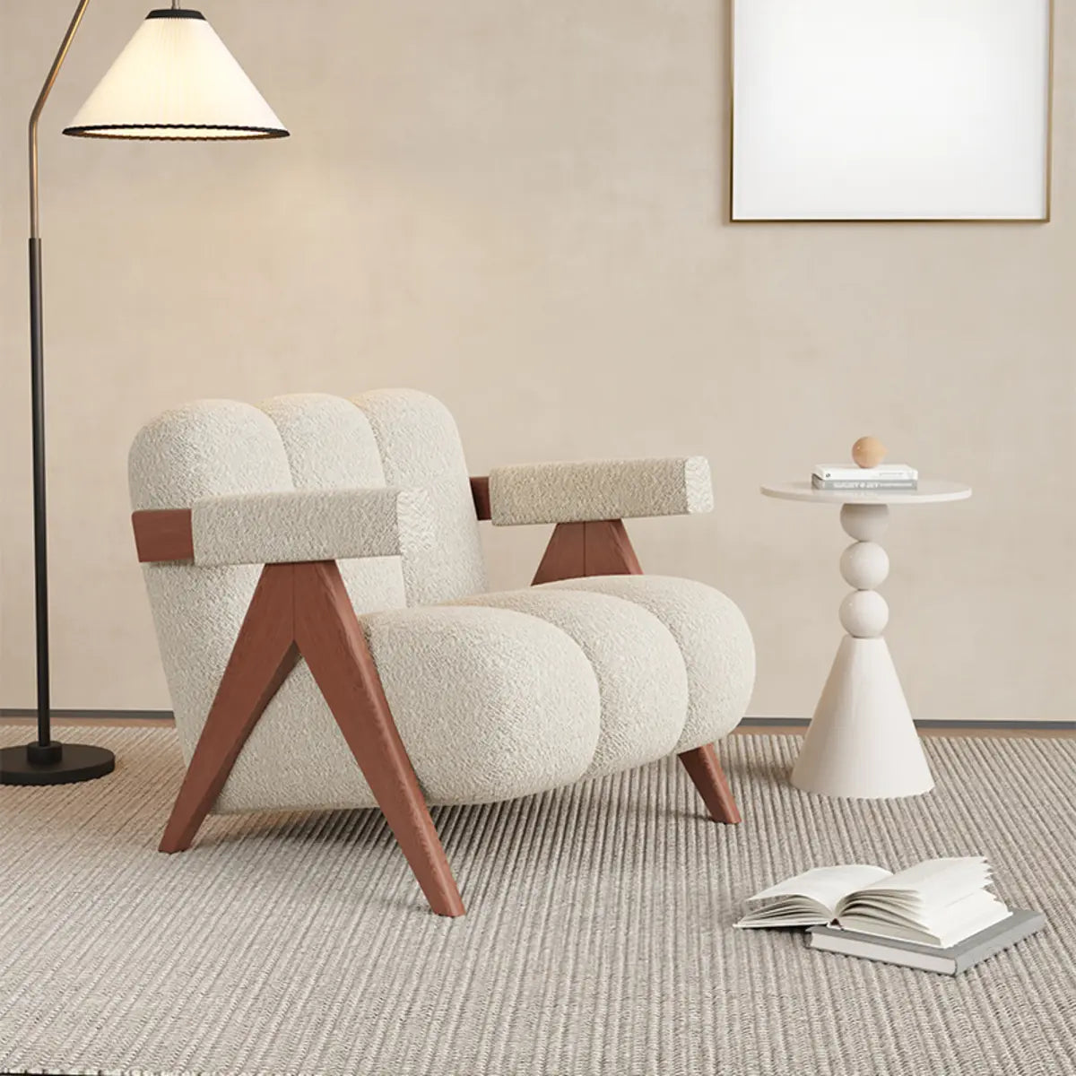 Beige Flannel Fixed Back Wooden Four Legs Arm Chair Image - 9