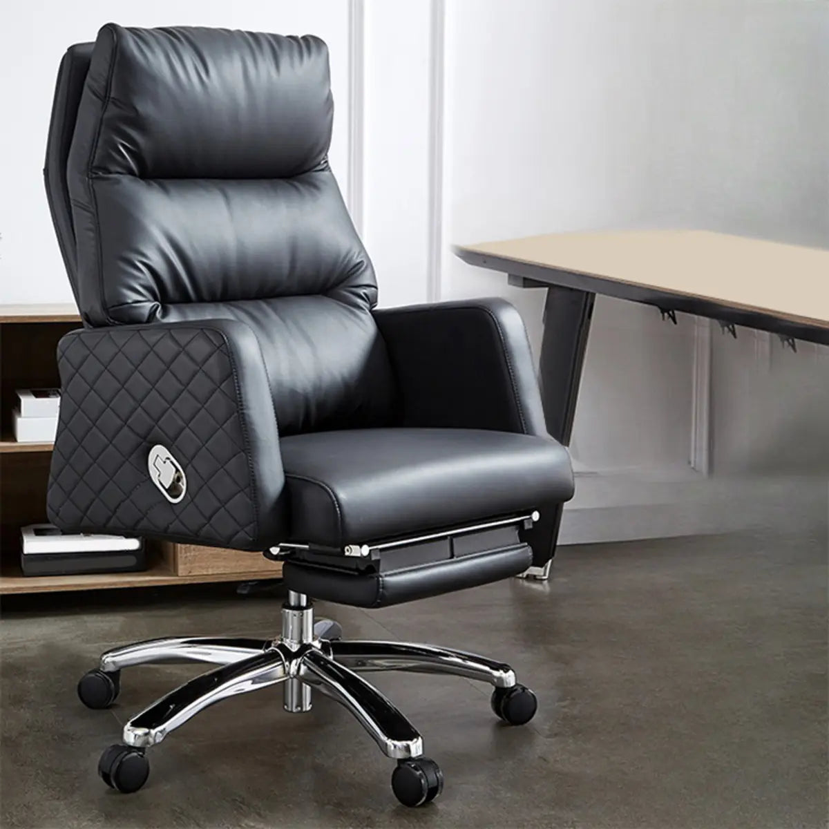 Beige Leather Reclining Executive Office Chair with Ottoman Image - 2
