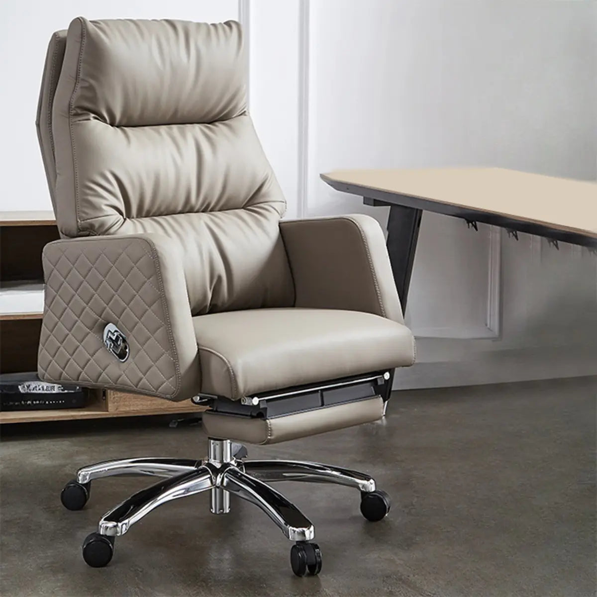 Beige Leather Reclining Executive Office Chair with Ottoman Image - 3