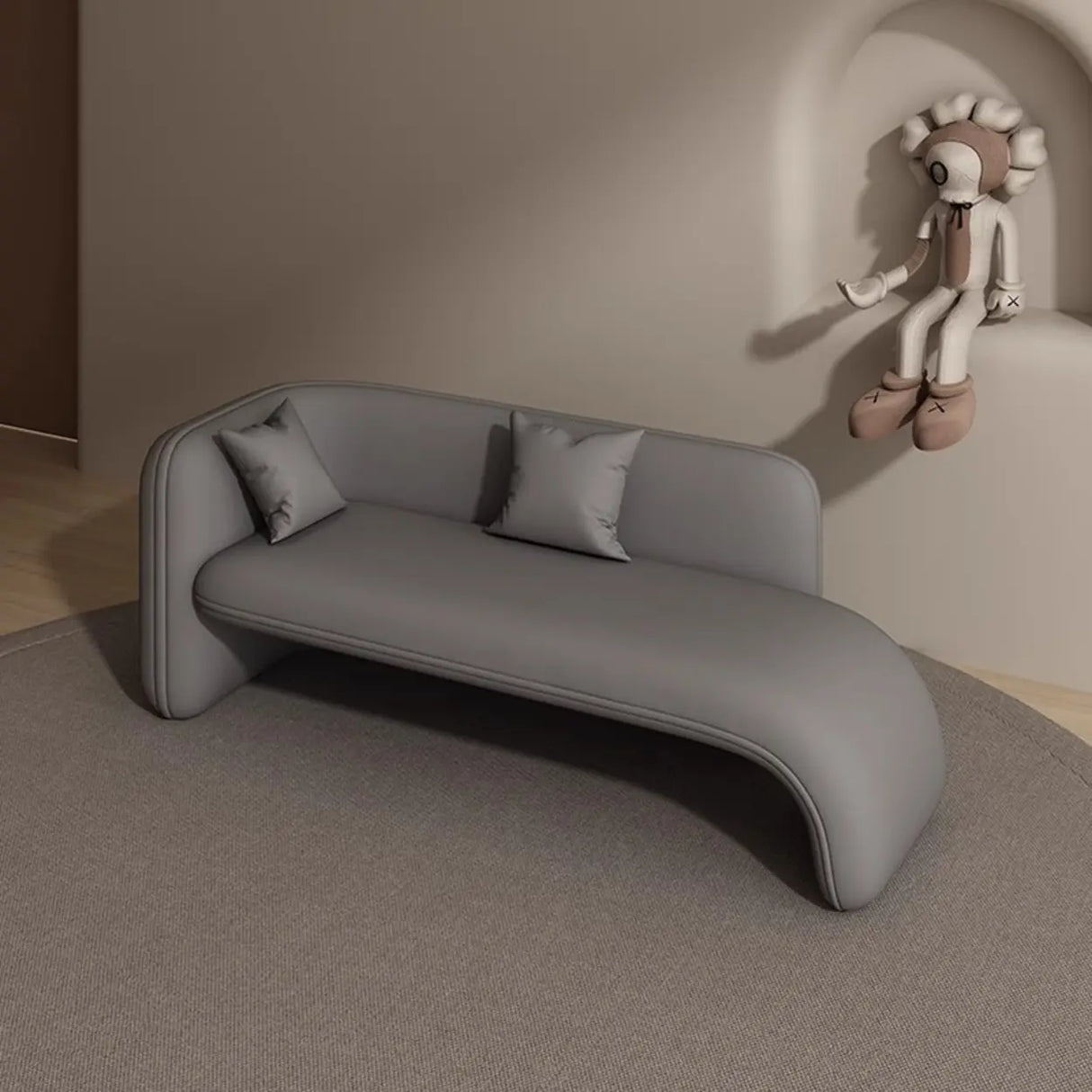 Beige Medium Curved Flannel Chaise Lounge Sofa with Arm Image - 11