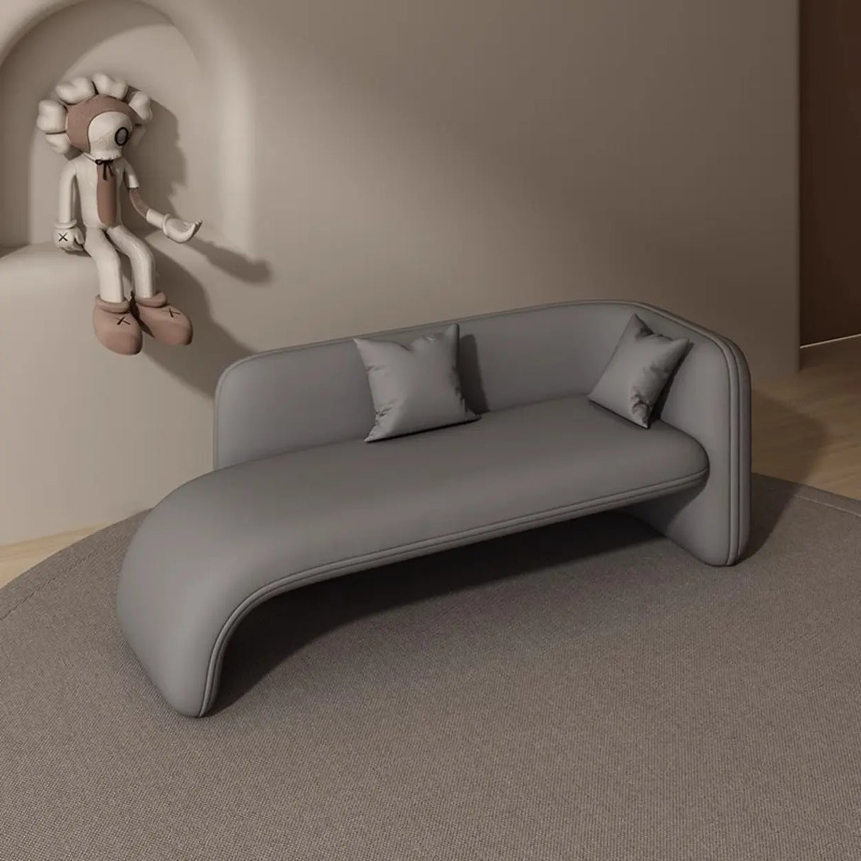 Beige Medium Curved Flannel Chaise Lounge Sofa with Arm Image - 13