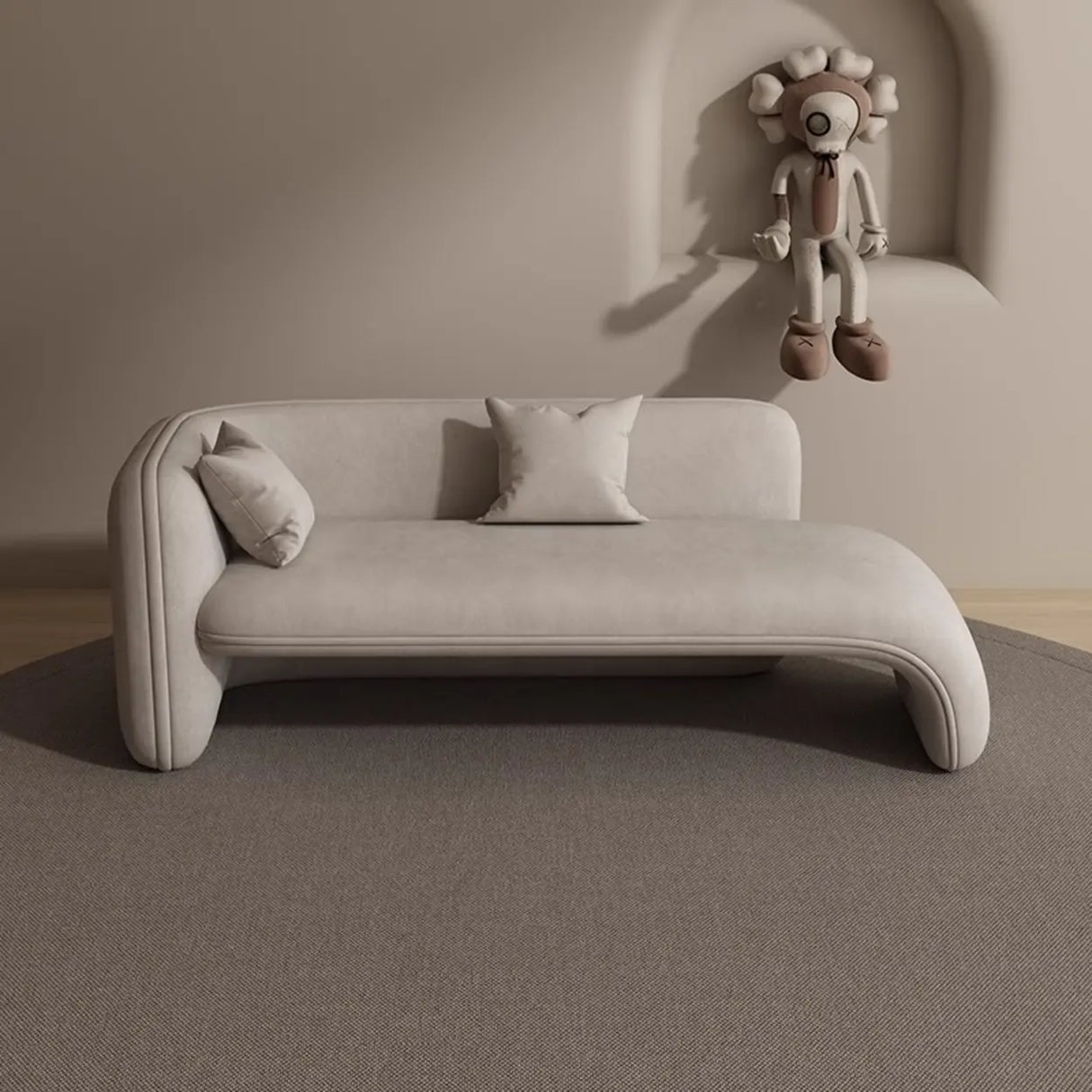 Beige Medium Curved Flannel Chaise Lounge Sofa with Arm Image - 2